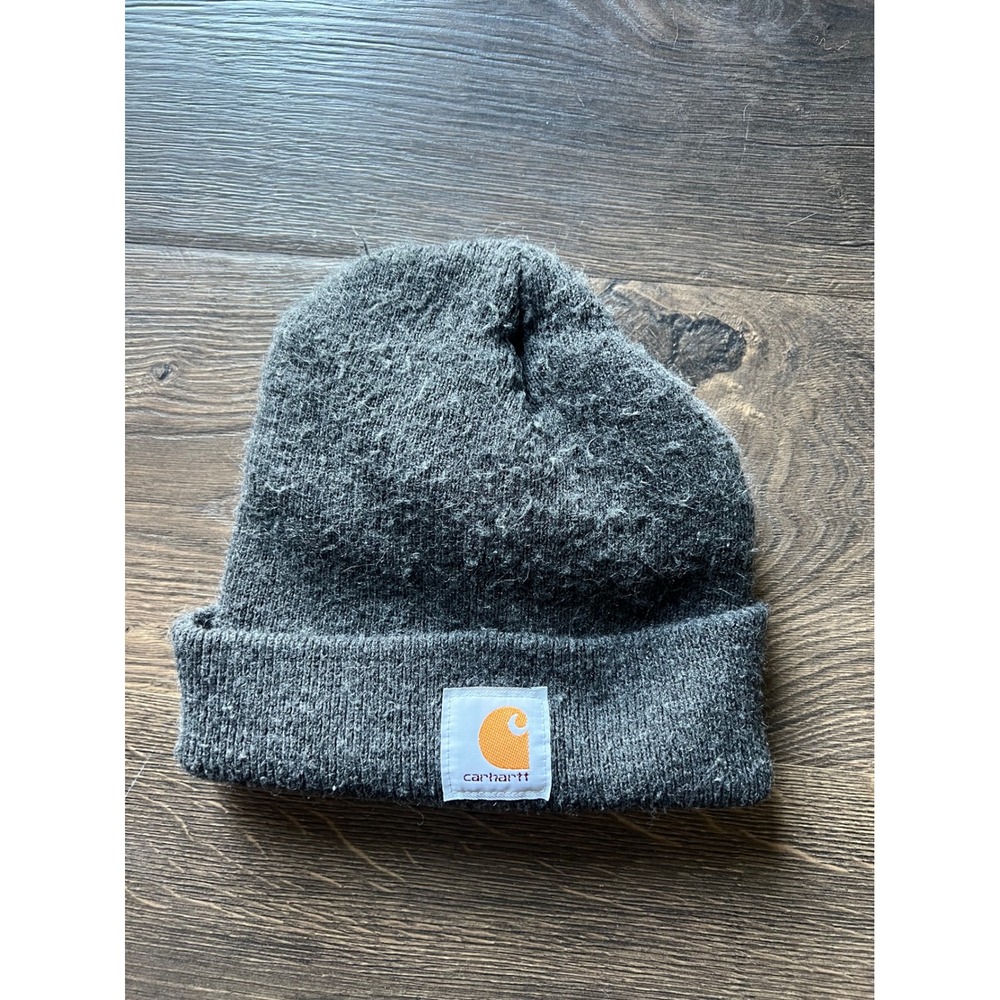 Carhartt Mens Knit Beanie Hat Charcoal Gray Logo Patch Embroidered Cuffed Cap